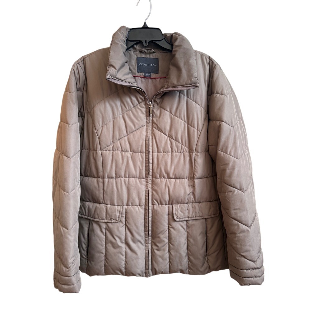 Covington Womens Taupe Brown Quilted Puffer Jacket Full Zip Chevron XL